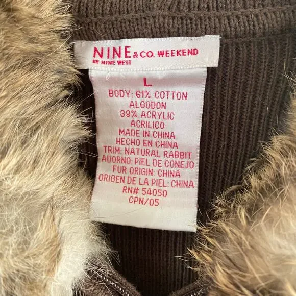 Nine & Co brown full zip sweater jacket with rabbit fur hood size large - Picture 8 of 8